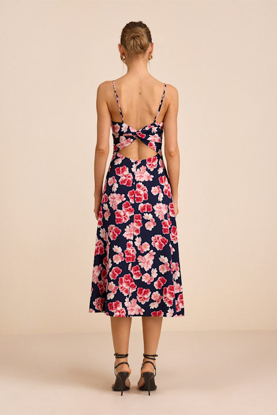 Radiant Feelings Orange and Purple Floral Chiffon Midi Dress