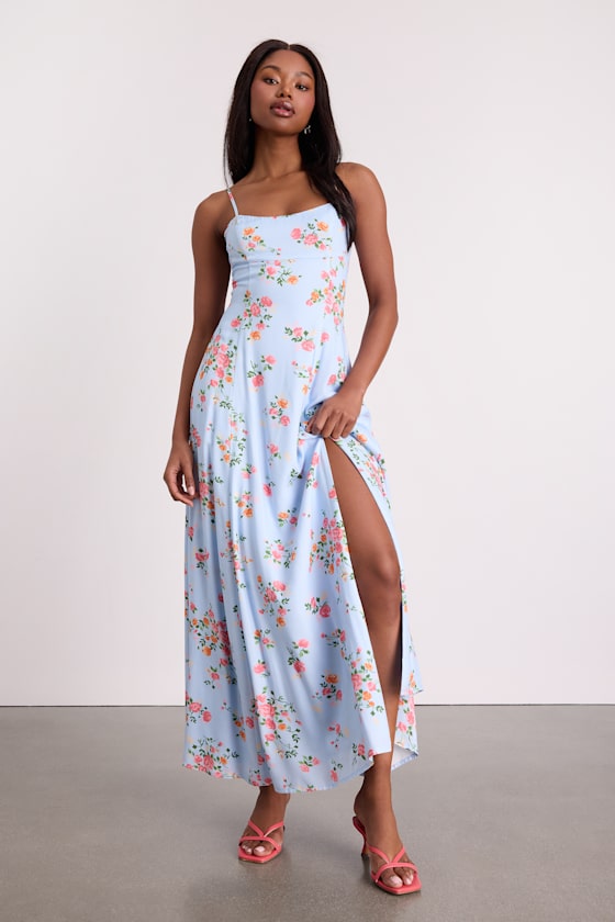 Ingrid Light Blue Floral Tie-Back Maxi Dress #Color_Light Blue Floral