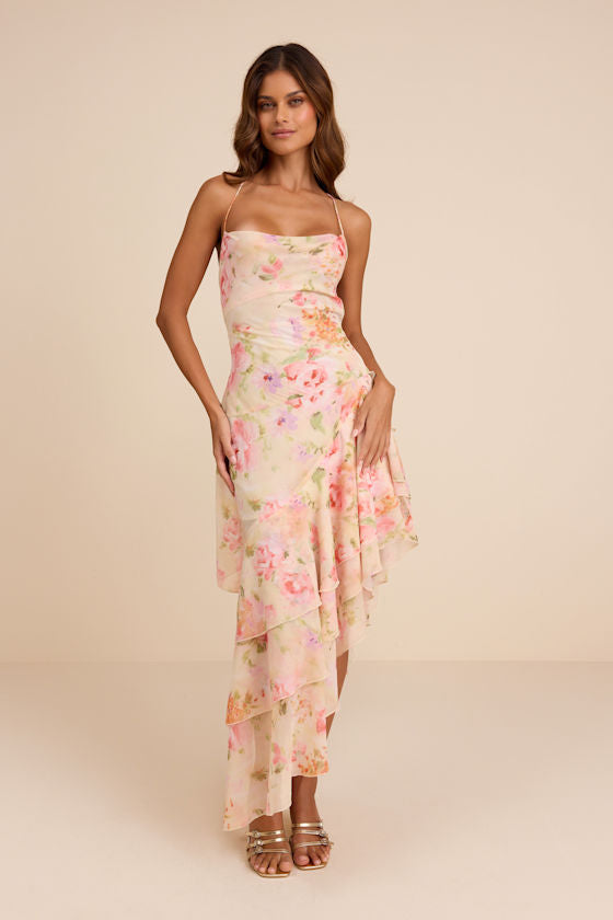 Mava Light Peach Multi Floral Asymmetrical Maxi Dress #Color_Light Peach Multi Floral