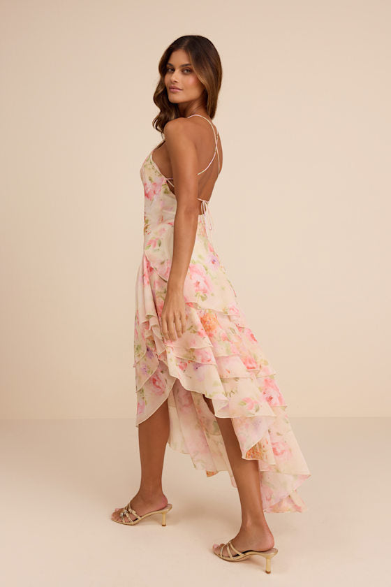 Mava Light Peach Multi Floral Asymmetrical Maxi Dress #Color_Light Peach Multi Floral