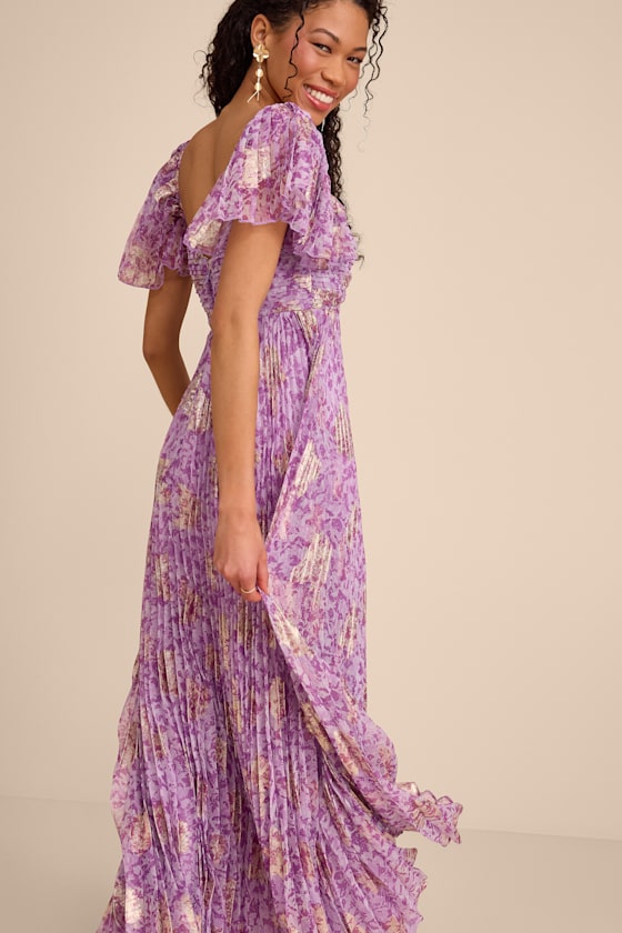 Lynwen Light Purple Abstract Pleated Flutter Sleeve Maxi Dress #Color_Light Purple