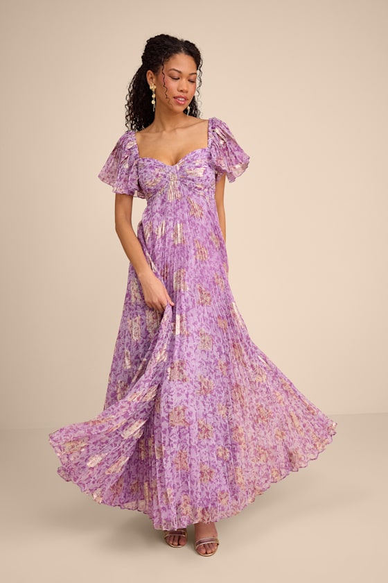 Lynwen Light Purple Abstract Pleated Flutter Sleeve Maxi Dress #Color_Light Purple