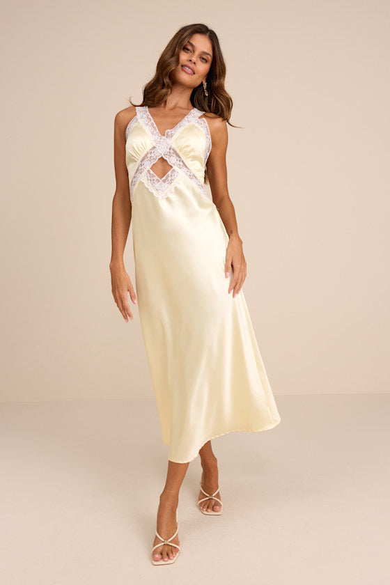 Camara Navy Satin Lace Slip Midi Dress