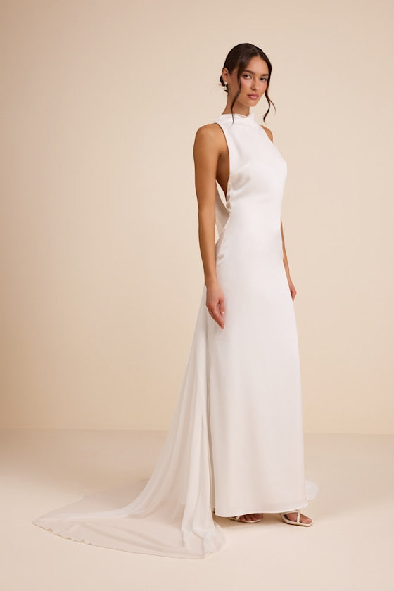 Perilla White Satin Mock Neck Column Maxi Dress #Color_White