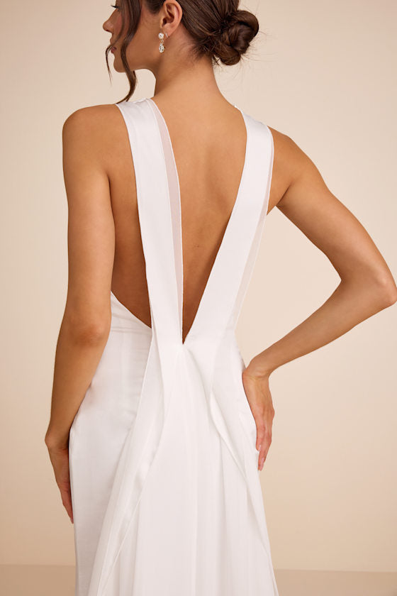 Perilla White Satin Mock Neck Column Maxi Dress #Color_White