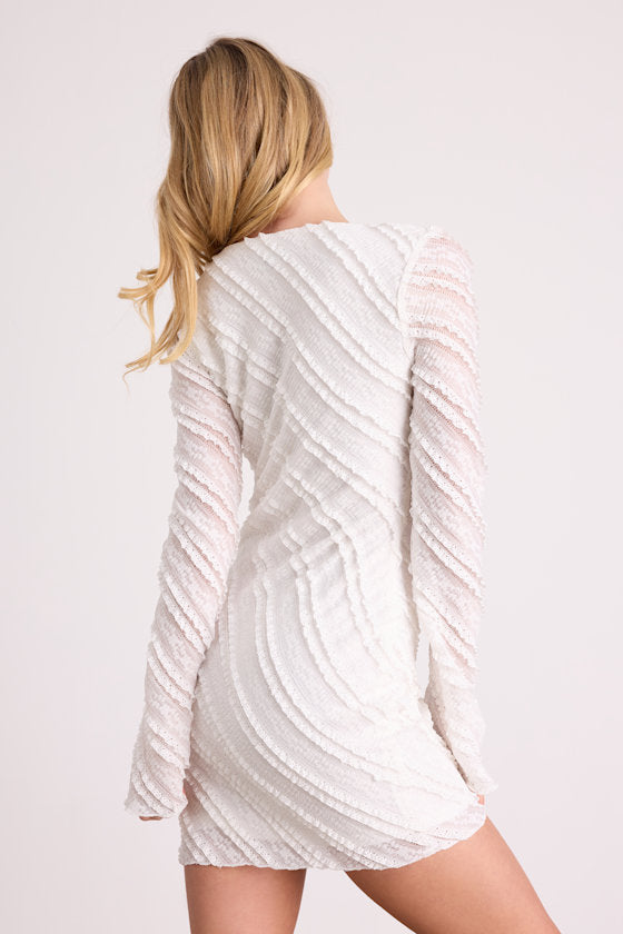Amy Cream Textured Long Sleeve Asymmetrical Mini Dress #Color_Cream