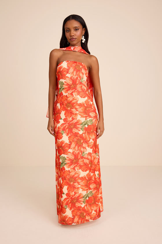 Rawya Black Floral Strapless Maxi Dress and Scarf Set #Color_Orange Floral
