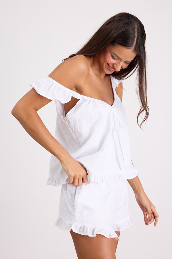Janelly Ivory Swiss Dot Ruffled Two-Piece Pajama Set #Color_Ivory