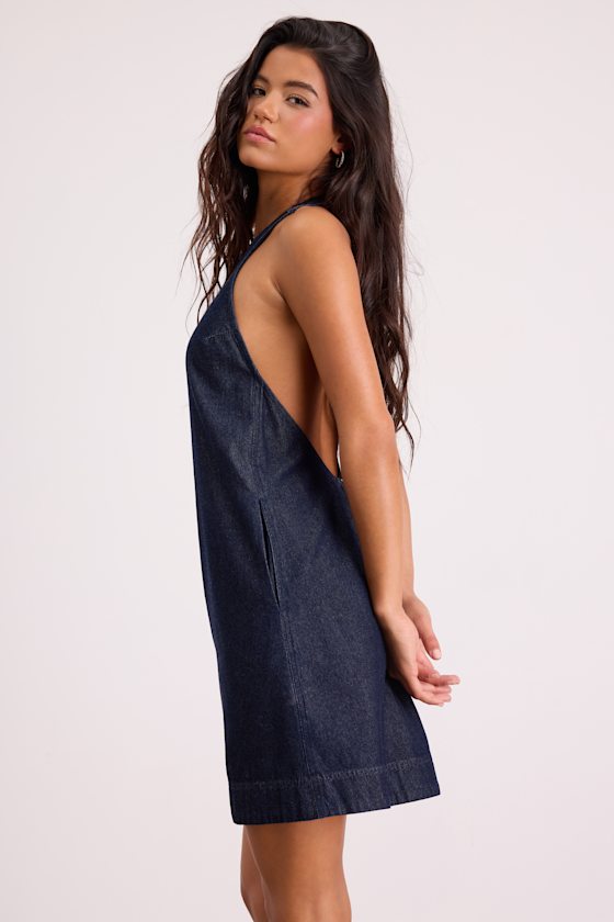 Dema Dark Wash Denim Backless Mini Dress #Color_Dark Wash