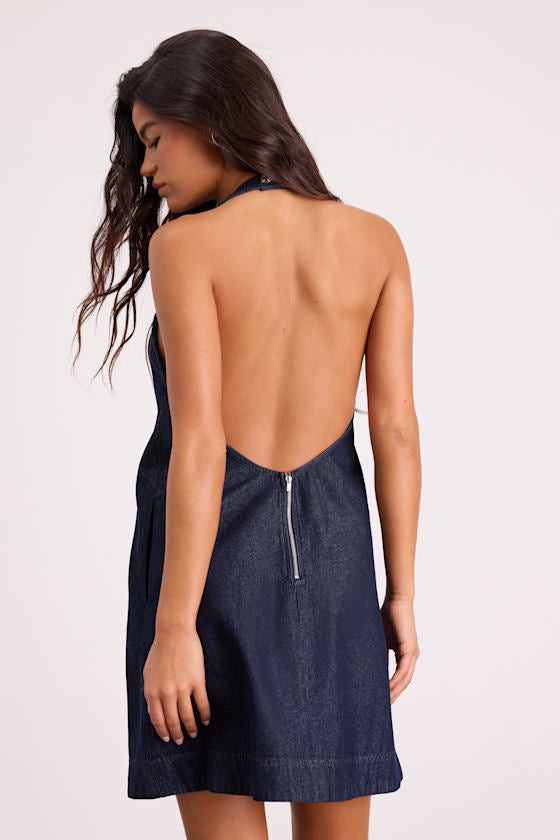 Dema Dark Wash Denim Backless Mini Dress #Color_Dark Wash