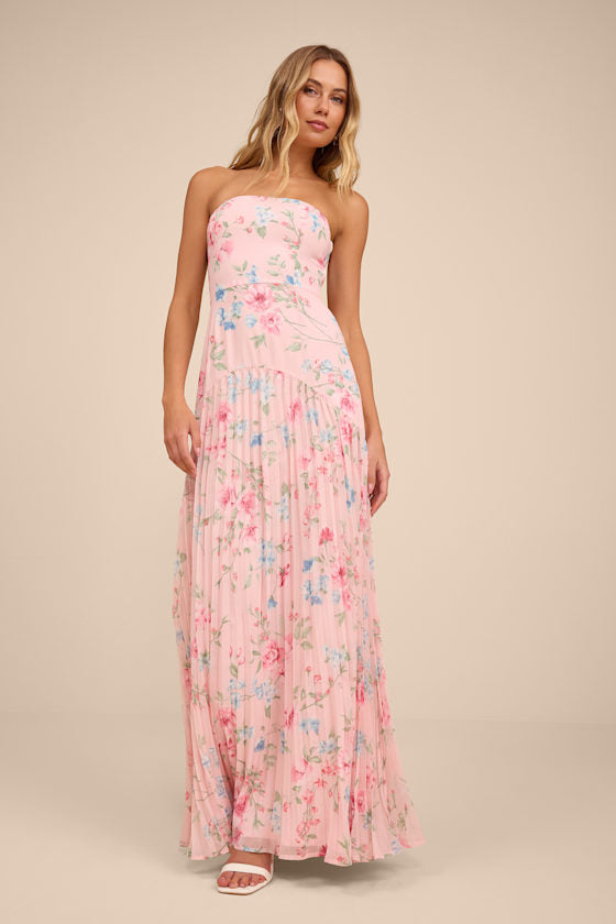 Celebratory Aesthetic Blush Pink Pleated Strapless Maxi Dress #Color_Pink Floral