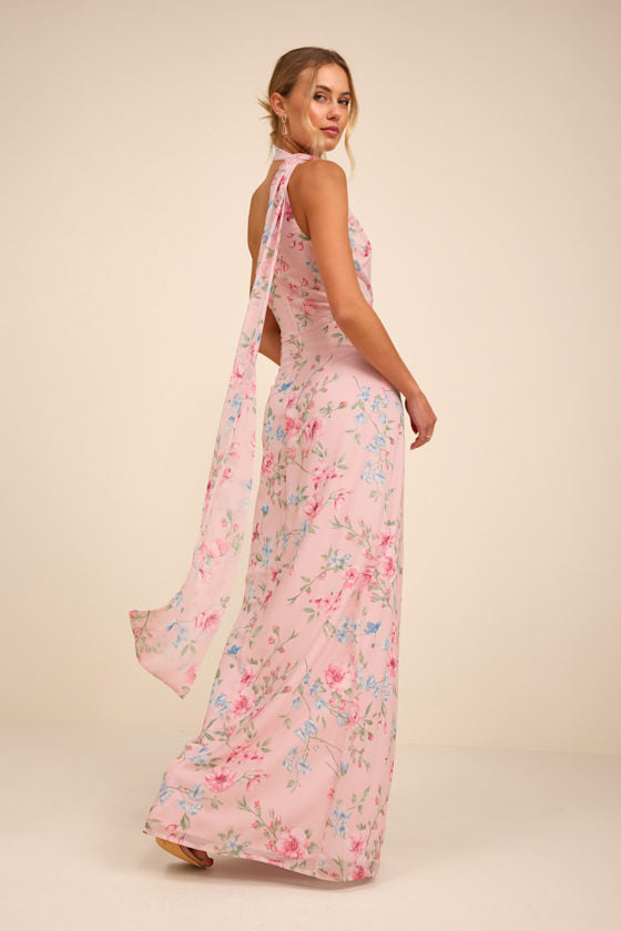 Adeline Lavender One-Shoulder Scarf Maxi Dress #Color_Light Pink Floral