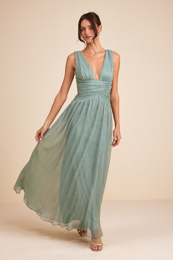 Evaluna Sage Green Abstract Print Lurex Pleated Maxi Dress #Color_Sage Green Abstract Print