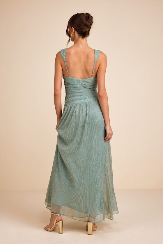 Evaluna Purple Abstract Print Lurex Pleated Maxi Dress