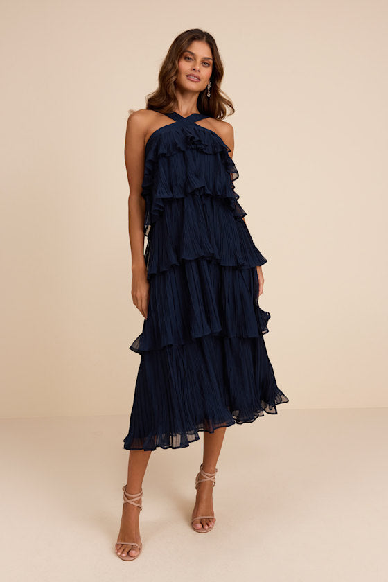 Lauretta Ivory Plisse Tiered Midi Dress