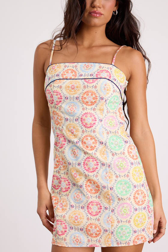 Canella Cream Multi Embroidered Tie-Back Mini Dress #Color_Cream Multi