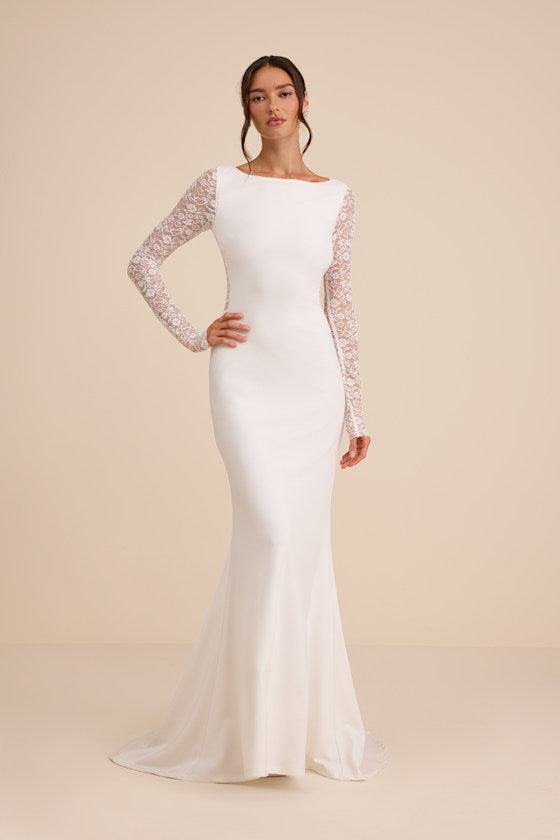 Brooks White Lace Boat Neck Mermaid Maxi Dress #Color_White