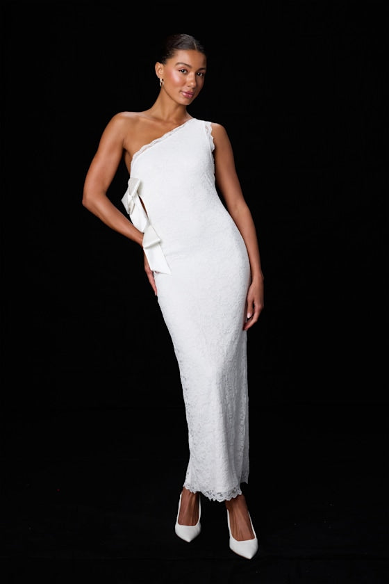 Sophie White Lace One-Shoulder Bow Column Maxi Dress