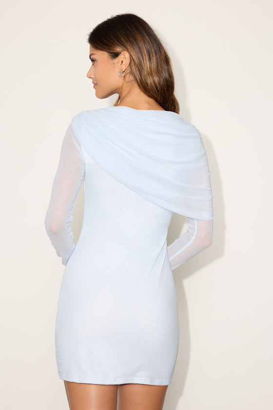 Emerie Light Blue Mesh Long Sleeve Mini Dress #Color_Light Blue