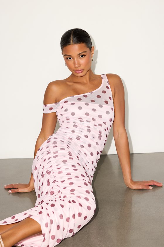 Decca Blush Polka Dot Mesh Ruched Maxi Dress #Color_Blush Polka Dot
