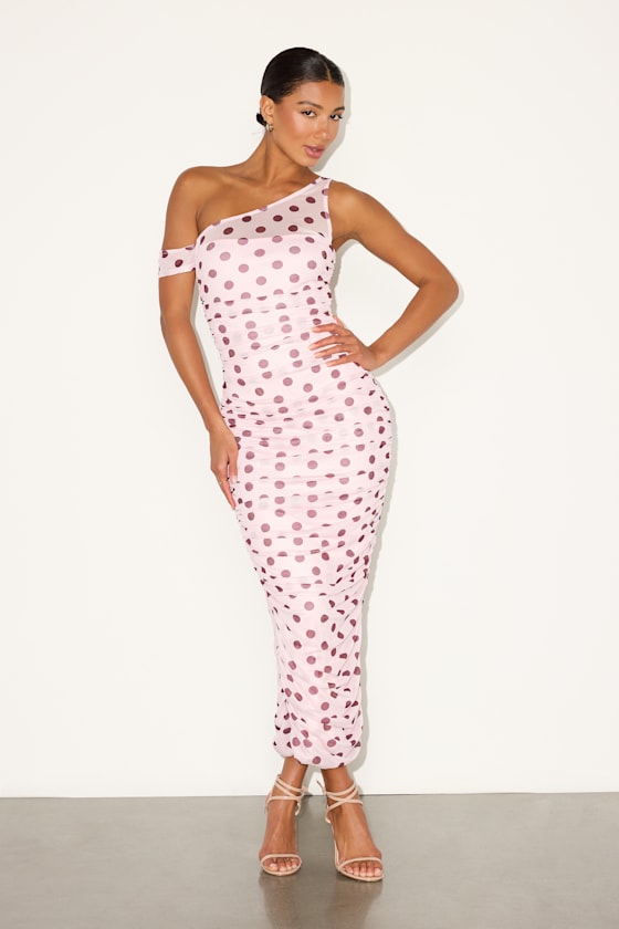 Decca Blush Polka Dot Mesh Ruched Maxi Dress #Color_Blush Polka Dot