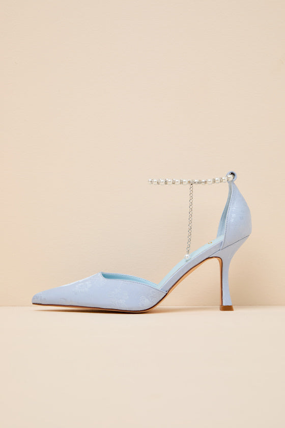 Katie Baby Blue Satin Pearl Pointed-Toe Ankle Strap Pumps