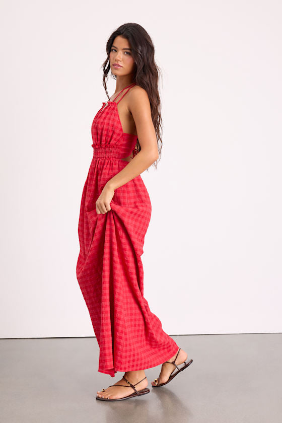 Tamilyn Red Gingham Lace-Up Maxi Dress