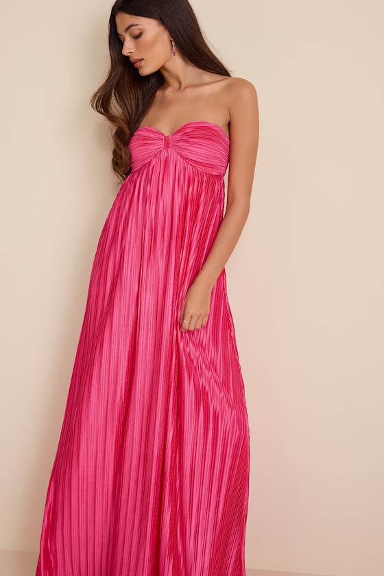Whimsical Beauty Golden Yellow Satin Plisse Strapless Maxi Dress
