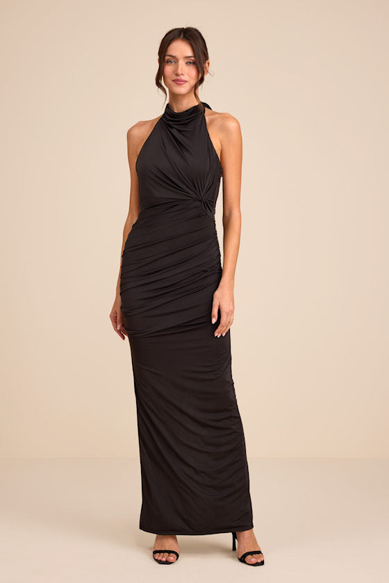 Seraiah Olive Green Knotted Ruched Halter Maxi Dress