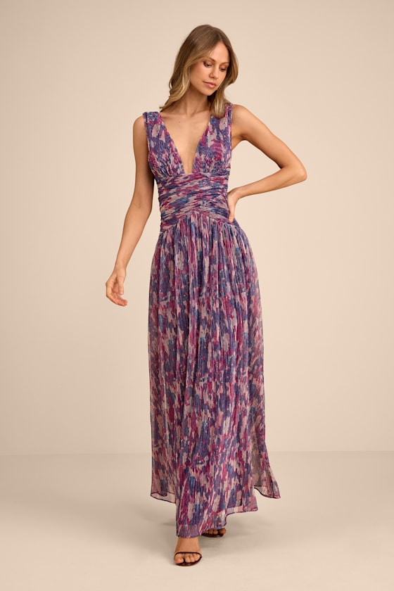 Evaluna Sage Green Abstract Print Lurex Pleated Maxi Dress #Color_Purple Abstract Print
