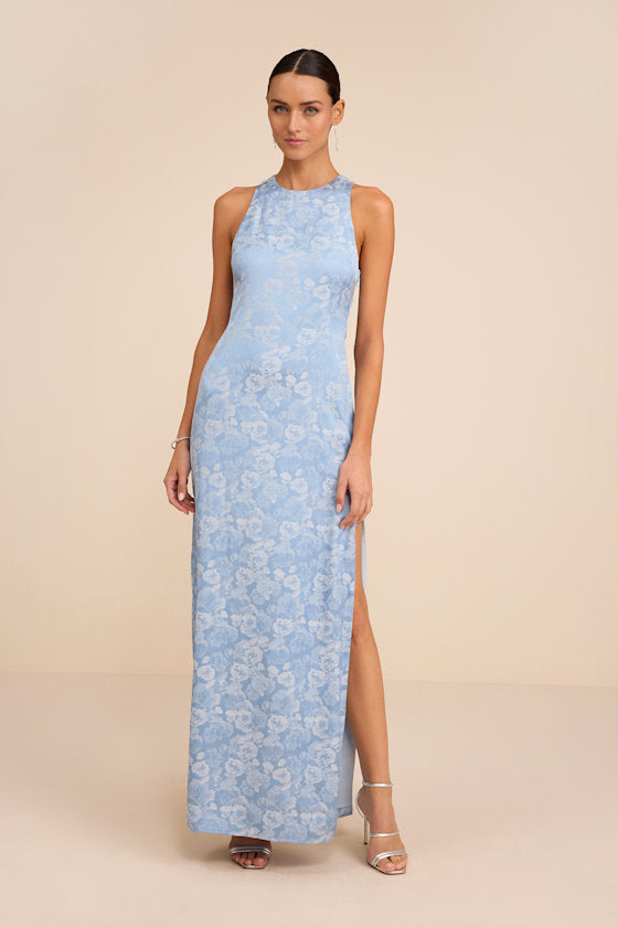 Lamila Chartreuse Floral Satin Column Maxi Dress #Color_Light Blue Floral