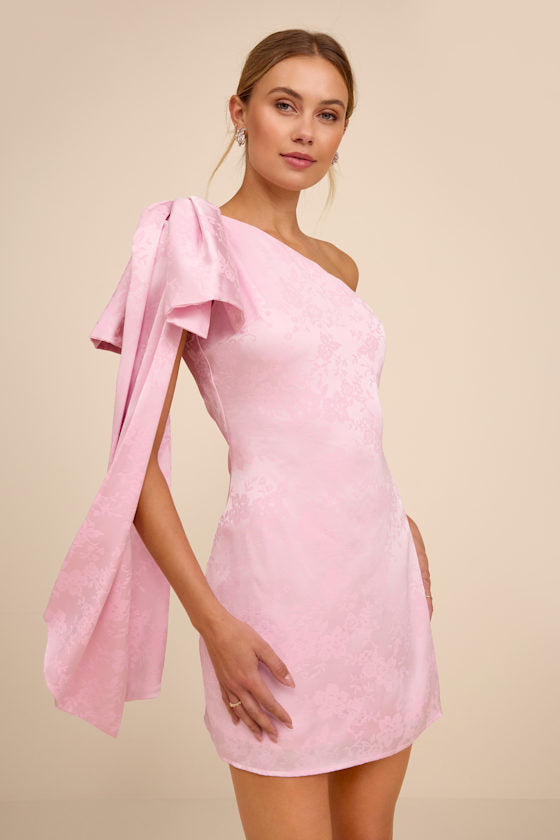 Jayda White Satin Jacquard One-Shoulder Sash Mini Dress #Color_Light Pink
