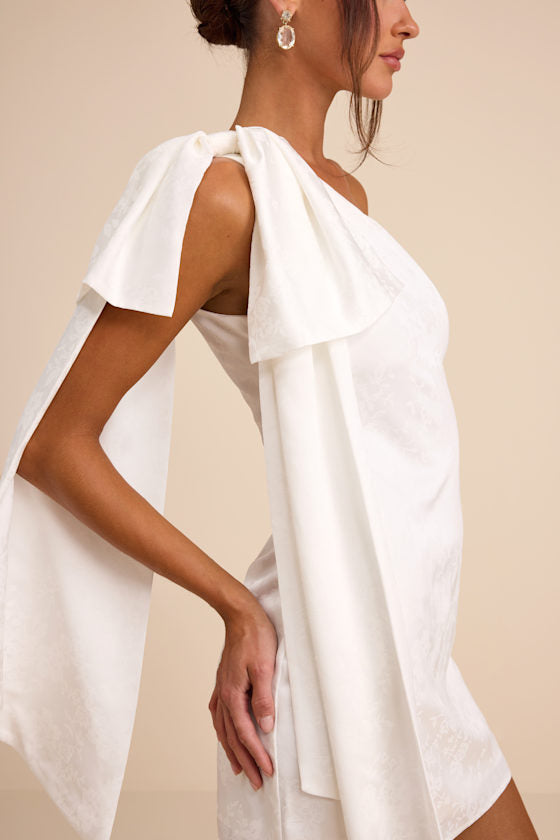 Jayda White Satin Jacquard One-Shoulder Sash Mini Dress #Color_White