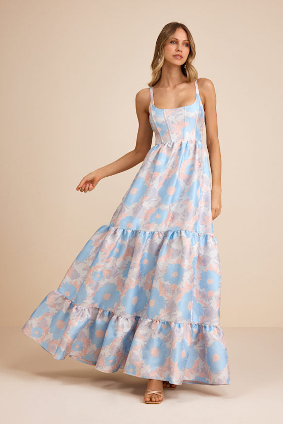 Avalie Cream Floral Tiered Bustier Maxi Dress #Color_Cream Floral