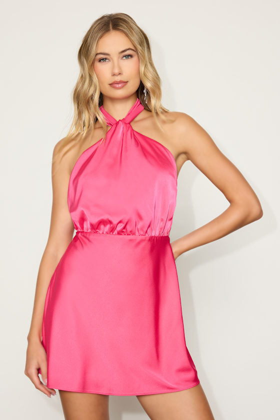 Sleek Essence Peach Satin Halter Sleeveless Mini Dress #Color_Fuchsia