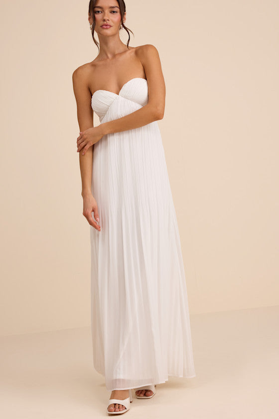 Remley White Pleated Strapless Maxi Dress #Color_White