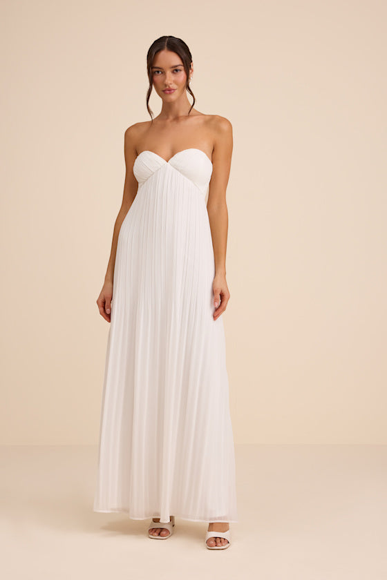 Remley White Pleated Strapless Maxi Dress #Color_White