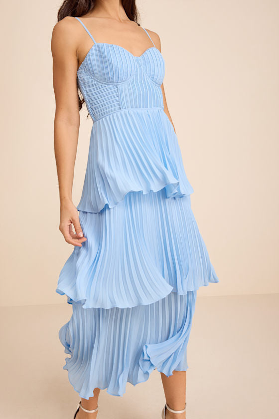 Cascading Crush Black Tiered Bustier Midi Dress