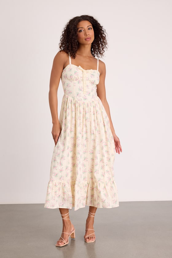 Odilie Cream Floral Lace Sleeveless Midi Dress