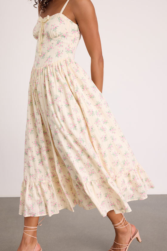 Odilie Cream Floral Lace Sleeveless Midi Dress