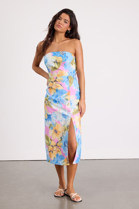 Bold Tendencies Fuchsia Floral Strapless Cutout Midi Dress #Color_Light Pink Floral