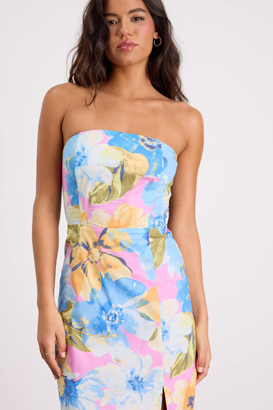 Bold Tendencies Fuchsia Floral Strapless Cutout Midi Dress