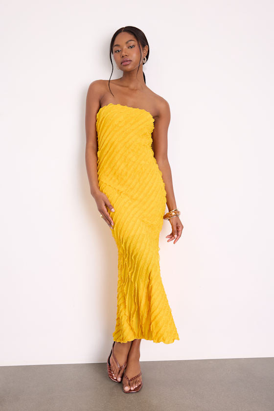Faelyn Yellow Strapless Ruffled Midi Dress #Color_Yellow