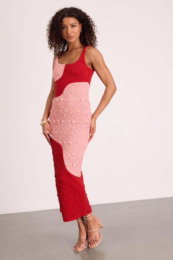 Instantly Adored Taupe and Cream Color Block Textured Midi Dress #Color_Red and Pink