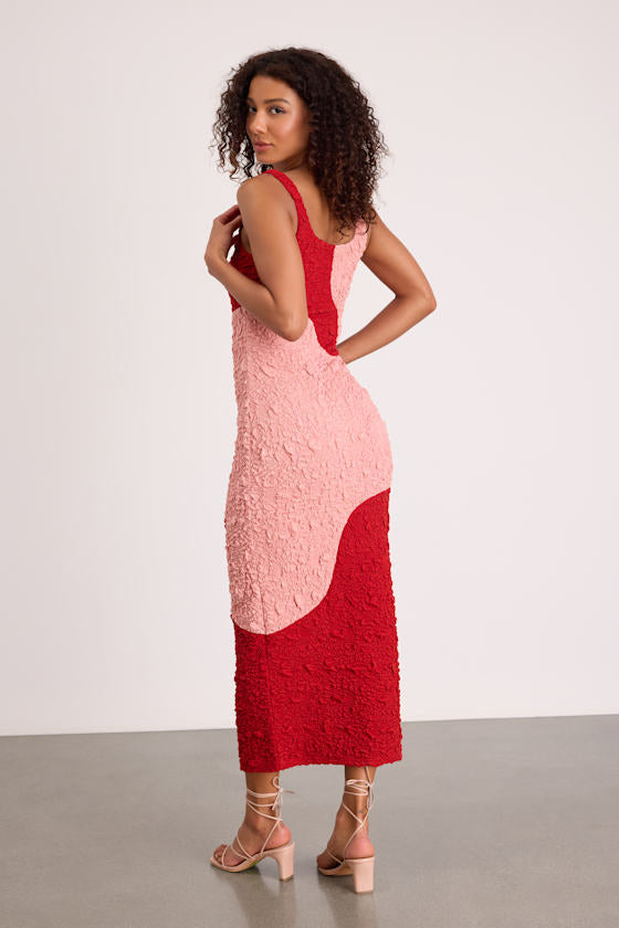 Instantly Adored Taupe and Cream Color Block Textured Midi Dress