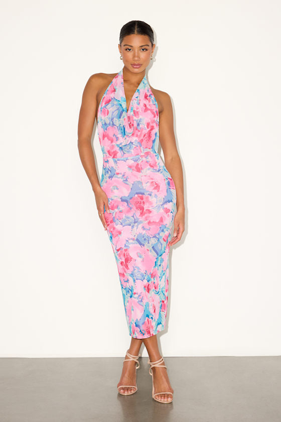 Venus Yellow and Pink Floral Mesh Backless Midi Dress #Color_Teal and Pink Floral