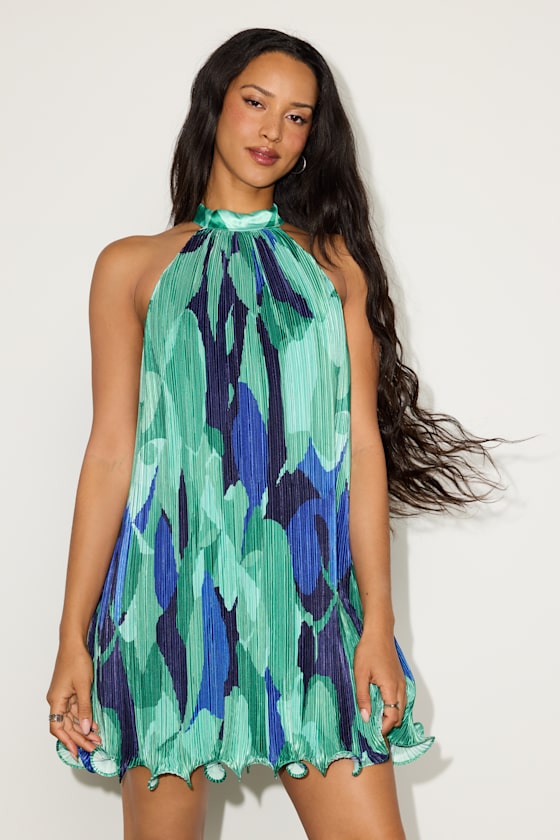 Vaivah Blush Floral Satin Plisse Mock Neck Swing Mini Dress #Color_Green Abstract