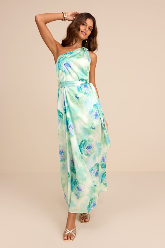 Goddess Aura Orange Multi Floral Satin One-Shoulder Maxi Dress