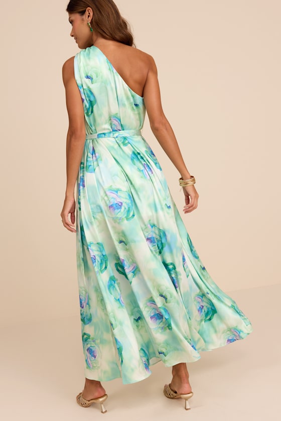 Goddess Aura Light Green Floral Satin One-Shoulder Maxi Dress #Color_Light Green Floral