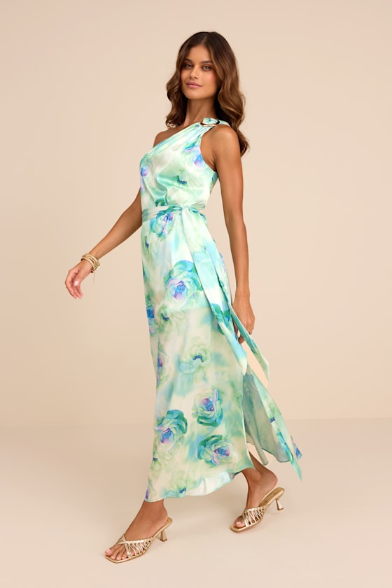 Goddess Aura Black Satin One-Shoulder Maxi Dress